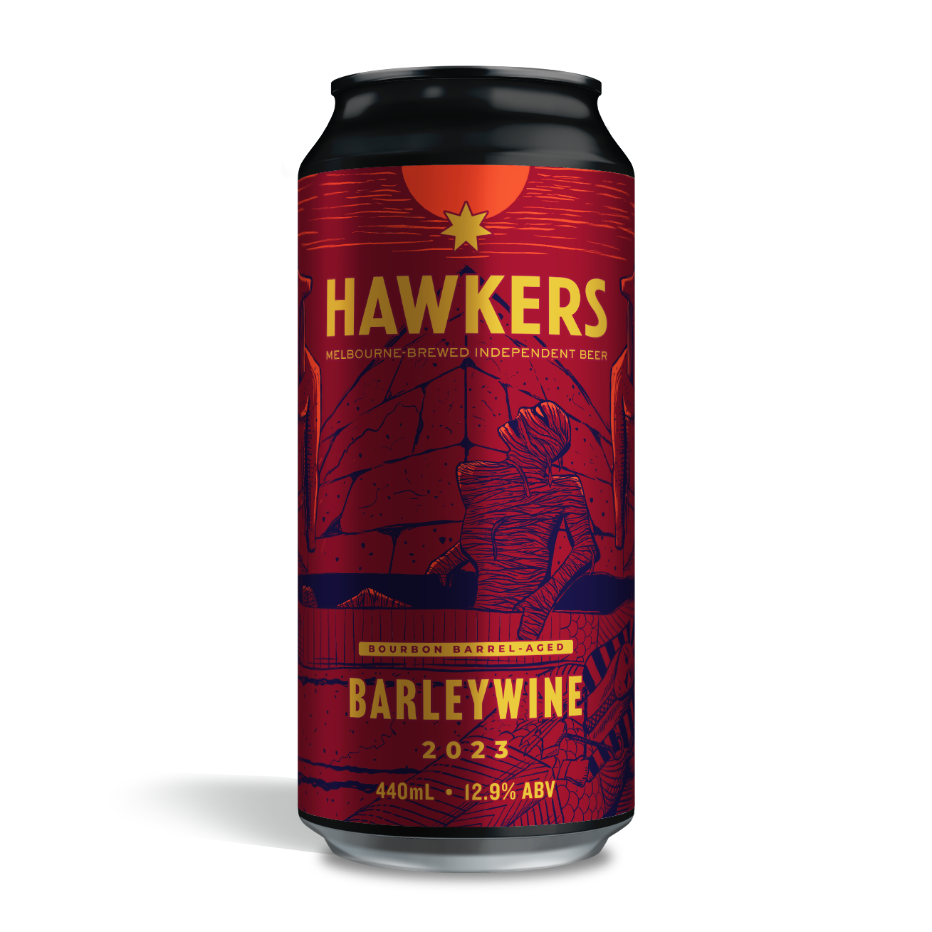 Image of Bourbon Barrel Aged Barleywine featuring illustration of a mummy raising from a sarcophagus