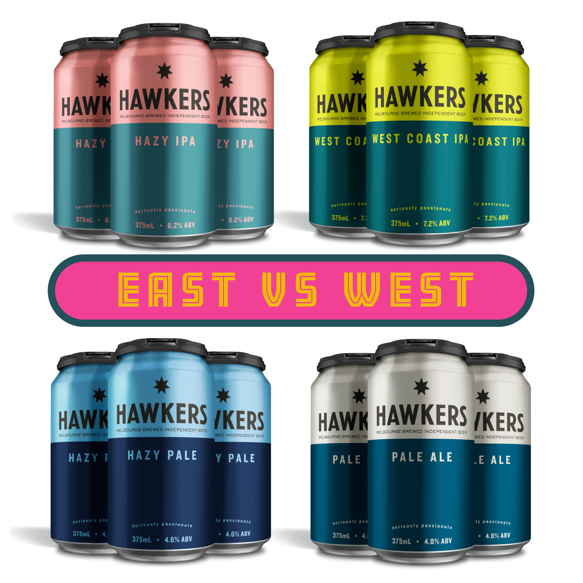 Hawkers East vs West 16 pack craft beer selection of hazy IPA and west coast IPA cans