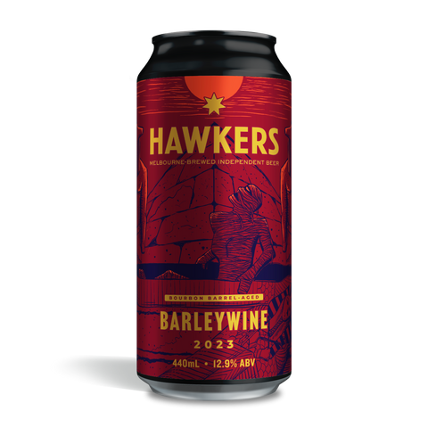 Image of Bourbon Barrel Aged Barleywine featuring illustration of a mummy raising from a sarcophagus