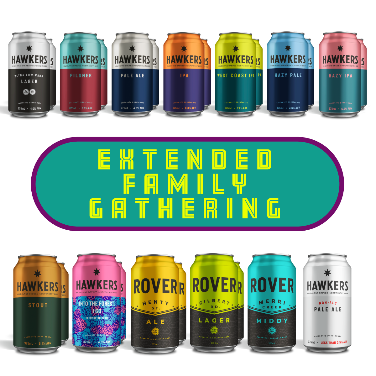 Hawkers Extended Family Gathering 24 pack featuring core range beers IPA lager pale ale stout