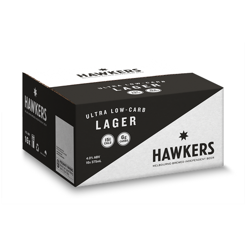 Hawkers Low Carb Lager 16 pack case 375ml craft beer cans Australia crisp clean refreshing lager carton