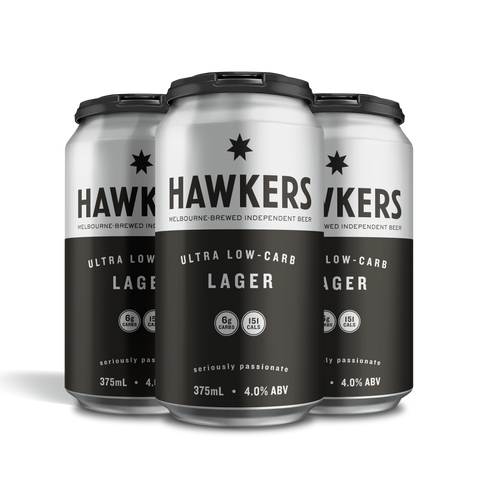 Hawkers Low Carb Lager 4 pack 375ml craft beer cans Australia crisp clean refreshing lager beer pack