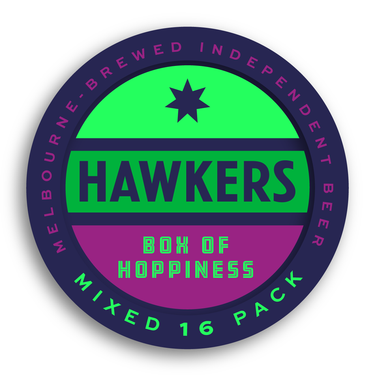 Box of Hoppiness mixed 16 pack featuring Hawkers craft beers including IPA, pale ale and west coast IPA
