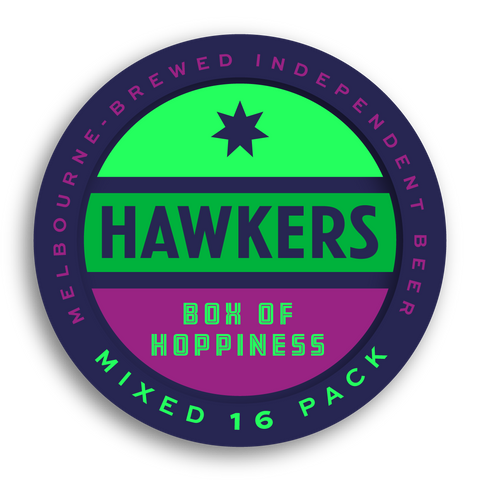 Box of Hoppiness mixed 16 pack featuring Hawkers craft beers including IPA, pale ale and west coast IPA