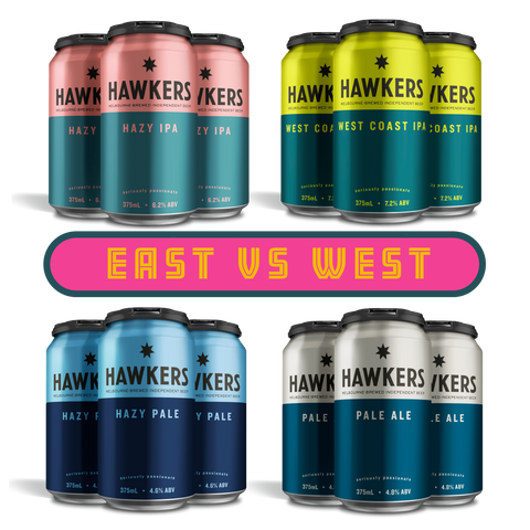 Hawkers East vs West 16 pack craft beer selection of hazy IPA and west coast IPA cans